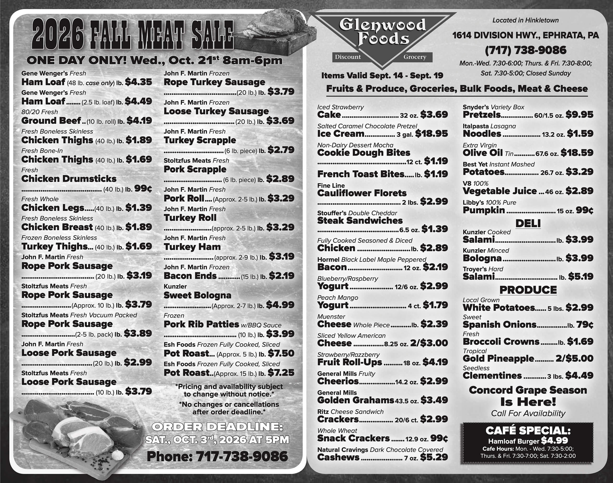 Black and white flyer listing various meats, deli items, produce, and grocery prices for Glenwood Foods’ 2026 Fall Meat Sale event on October 21st, with ordering and contact information.