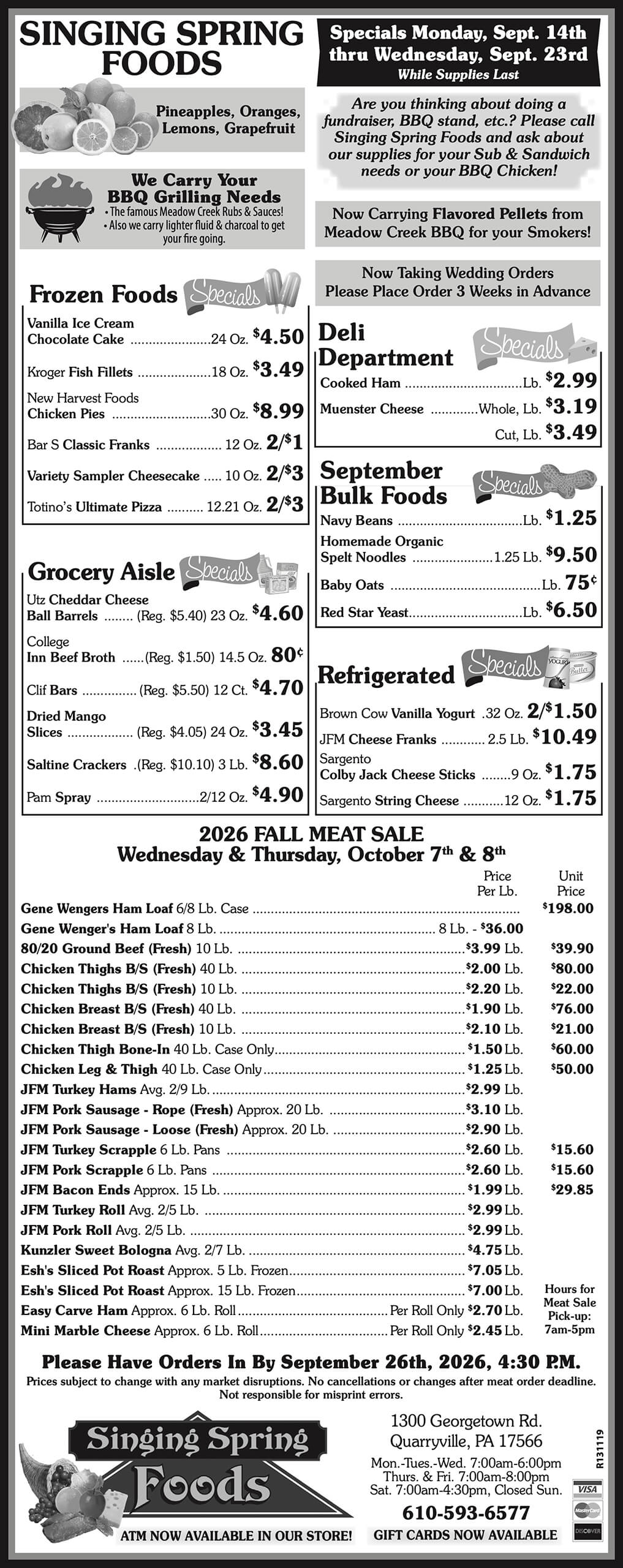 Black and white grocery store flyer listing prices for frozen foods, grocery items, deli meats, bakery goods, and special sales, with dates and contact information at the bottom.