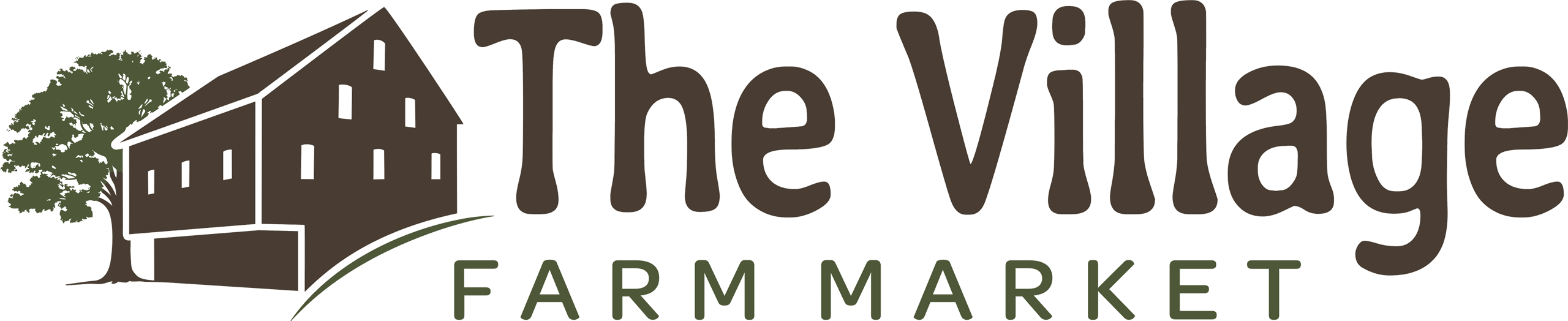 Logo for The Village Farm Market featuring a brown barn, a green tree, and the business name in bold brown and green text.