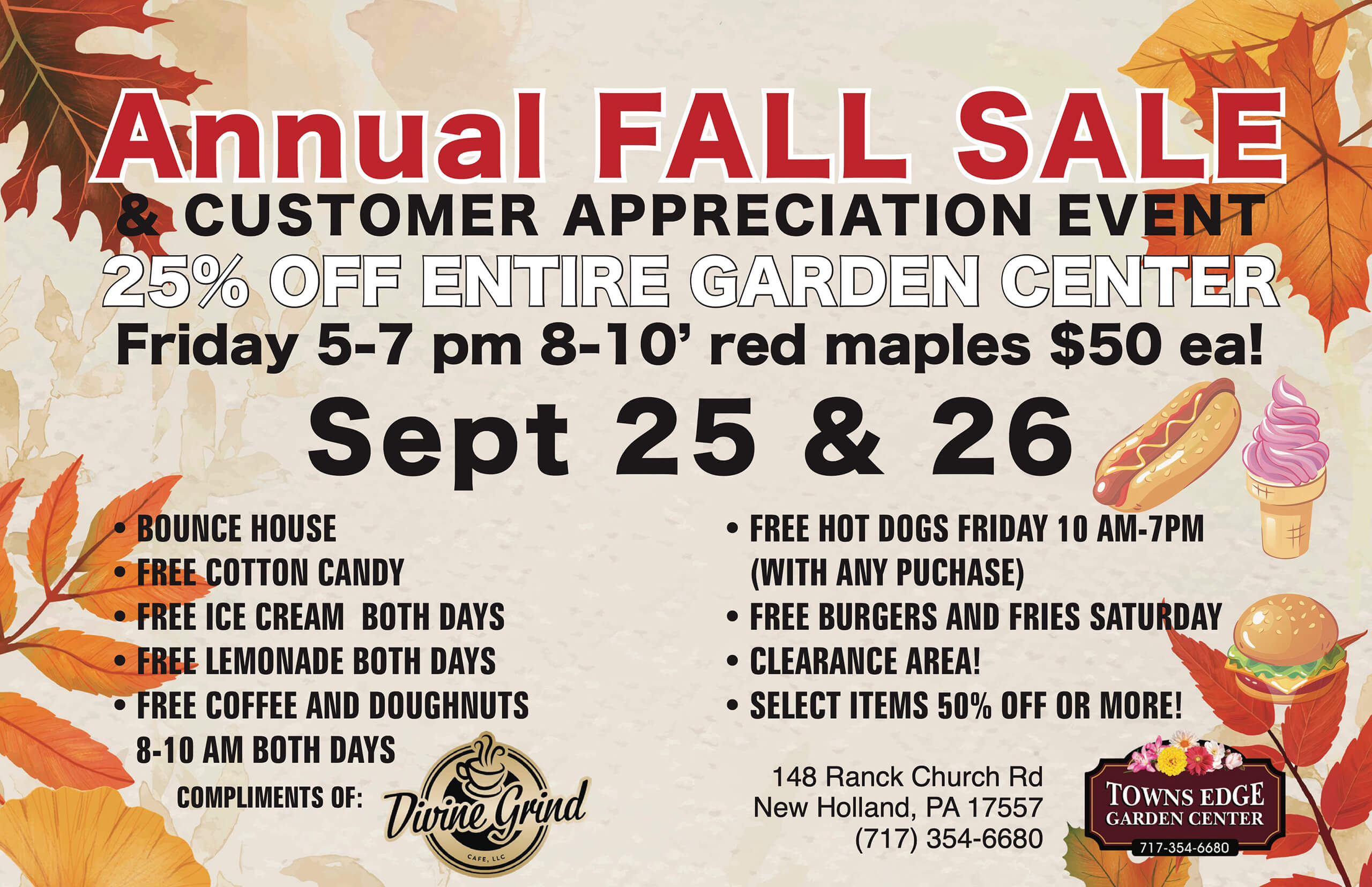 9.15.26 Town's Edge Garden center Ad Annual Fall Sale flyer with event dates, discounts, free food offerings, bounce house, and contact details for Towns Edge Garden Center, New Holland, PA.