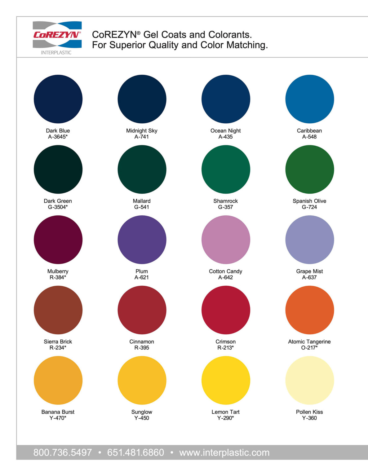 9.2.26 Esh Valley Construction Color Guide Page 1 A color chart displays 16 CoREZN gel coat samples arranged in four rows, each labeled with its color name, code, and corresponding hue.