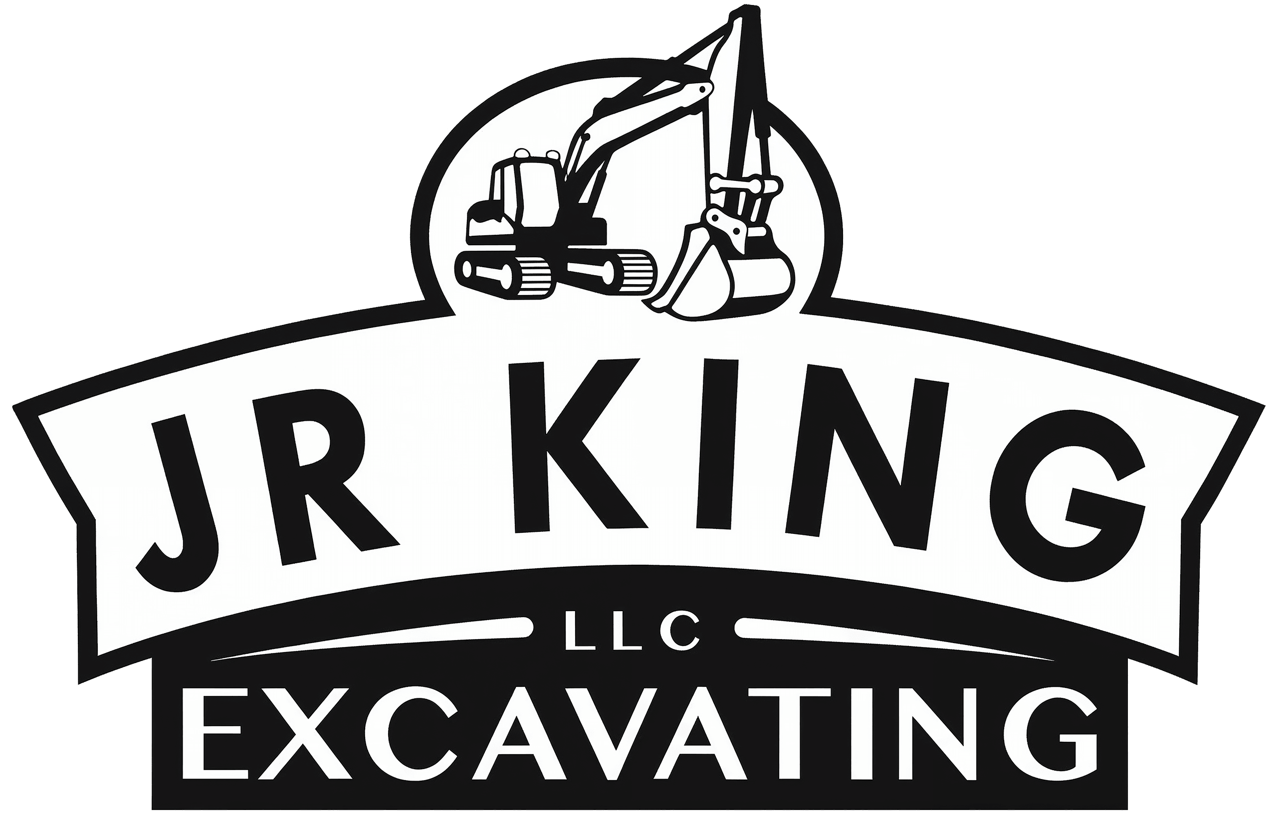 Black and white logo for JR King Excavating LLC featuring an excavator above the company name in bold, curved text.