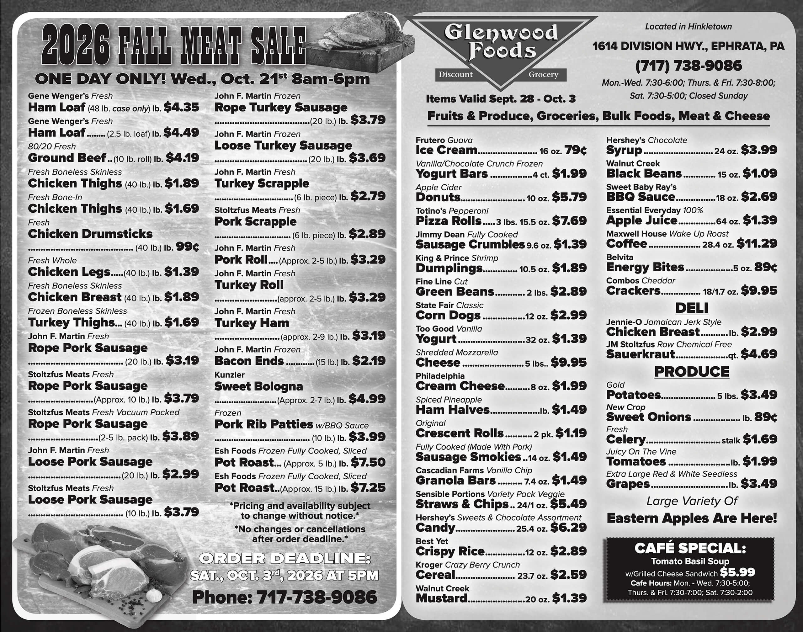 Black-and-white grocery ad listing various meats, groceries, and prices for Glenwood Foods’ 2026 Fall Meat Sale, with contact info, order deadline, and event details included.