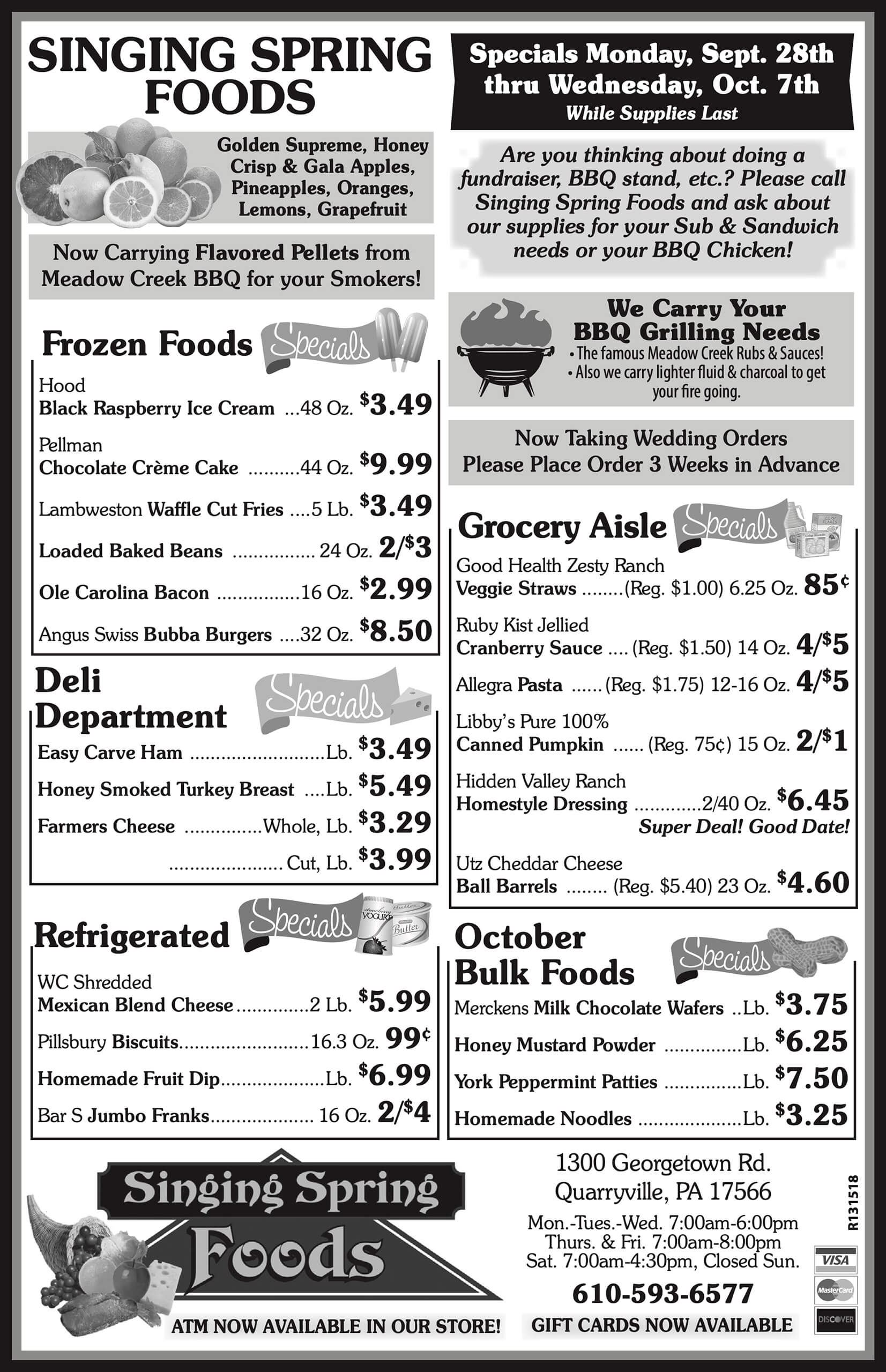 Black-and-white grocery ad listing specials on frozen foods, deli, dairy, canned goods, cleaning items, bulk foods, and meat, with prices, product names, and store information.