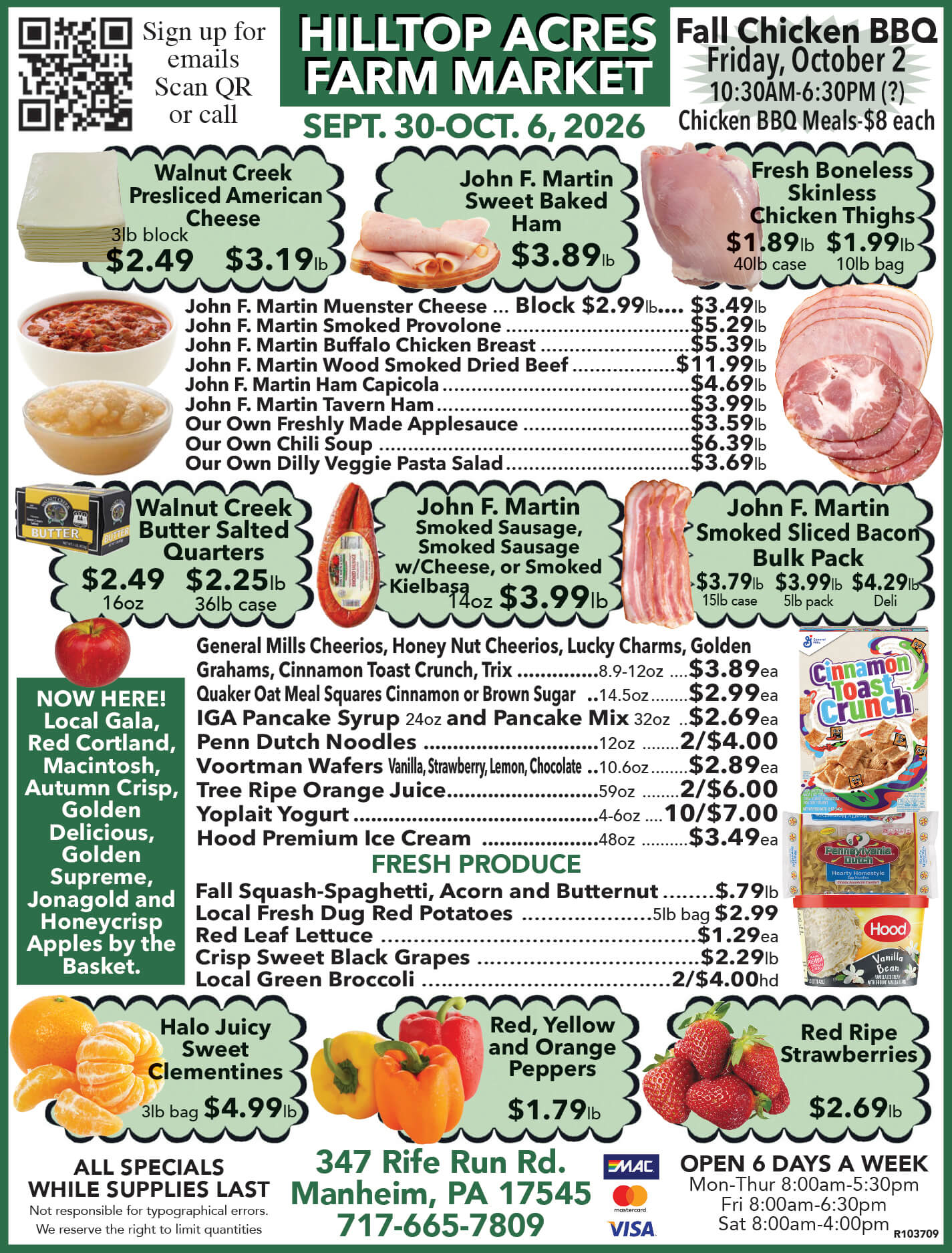 Farm market flyer with images of meats, cheeses, apples, and other products, prices listed, sale dates Sep 30–Oct 6, 2026, and farm location, hours, and contact information shown at the bottom.