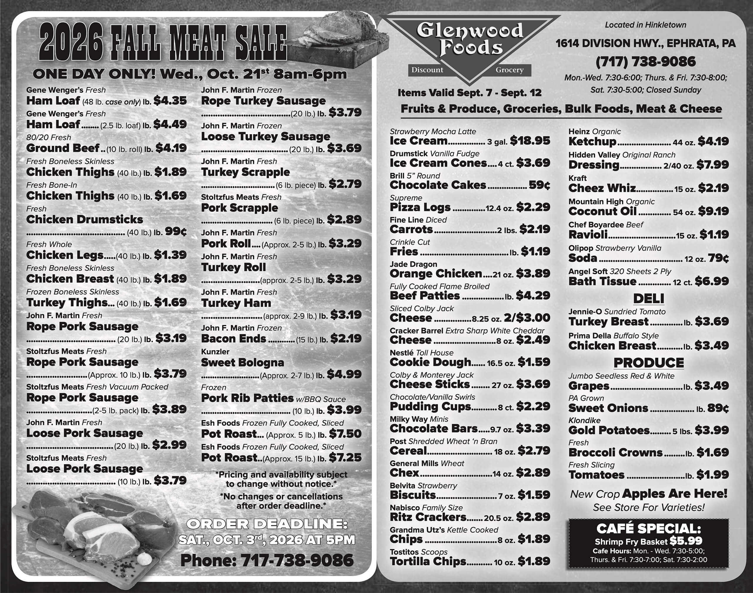 A black-and-white grocery flyer lists meat, deli, frozen, produce, grocery, and café specials with prices for a one-day sale at Glenwood Foods. The order deadline is October 3, 2026.