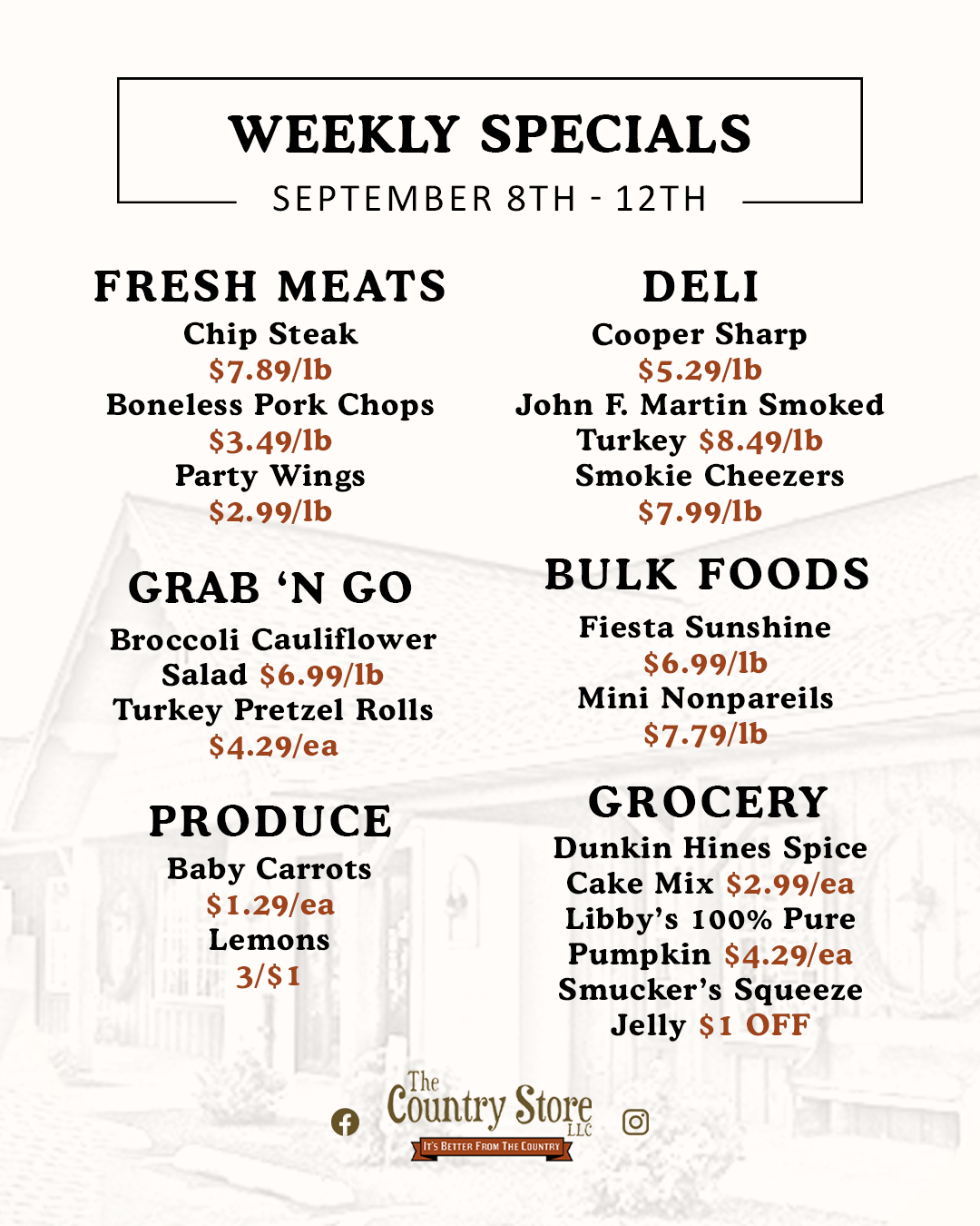 Weekly specials list at The Country Store featuring meats, deli items, grab ’n go foods, bulk foods, produce, and grocery items with prices, valid September 8th to 12th. Black text on a white background.