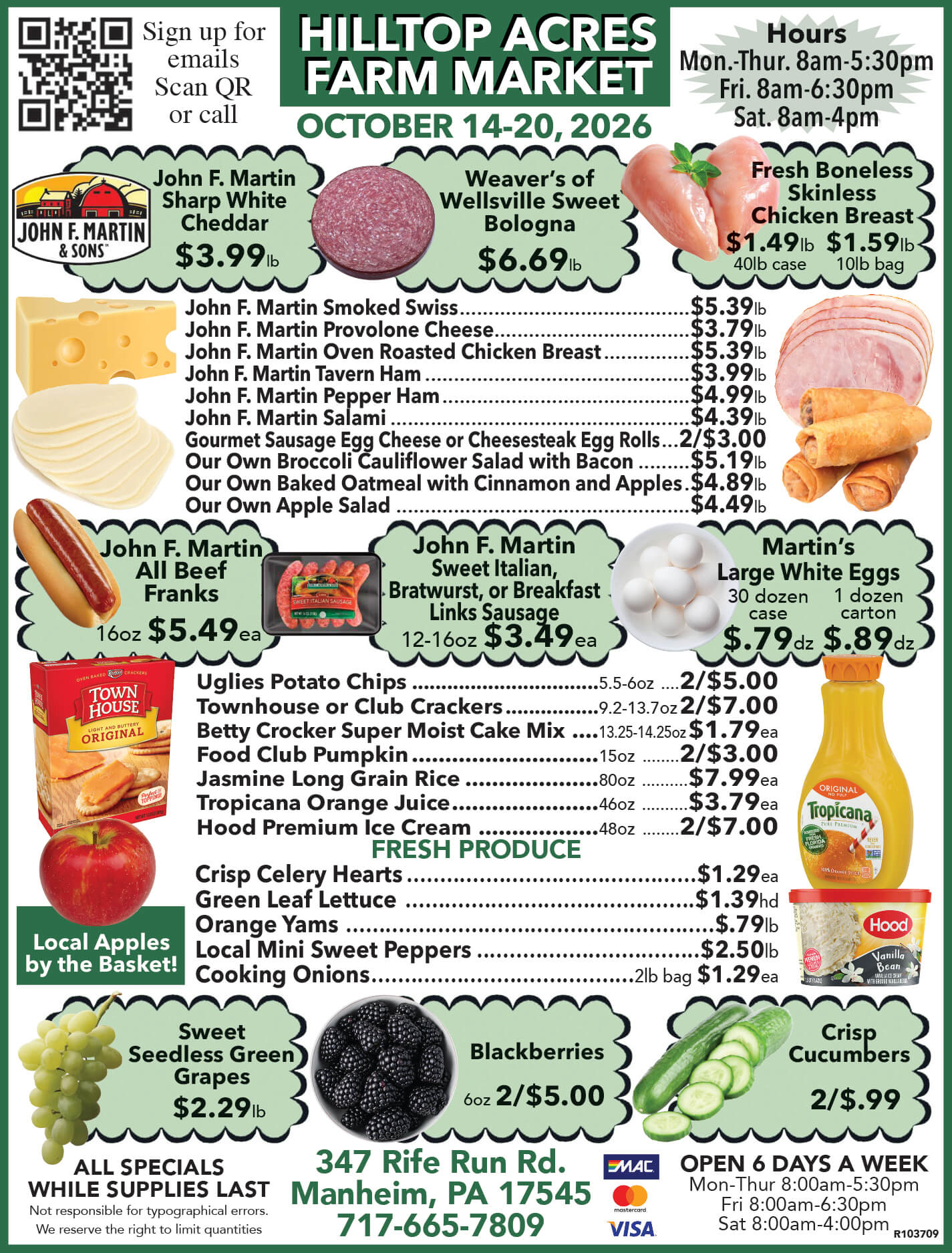 Weekly flyer for Hilltop Farm Market from October 14-20, 2026, listing featured grocery items, produce prices, store hours, and address in Manheim, Pennsylvania.