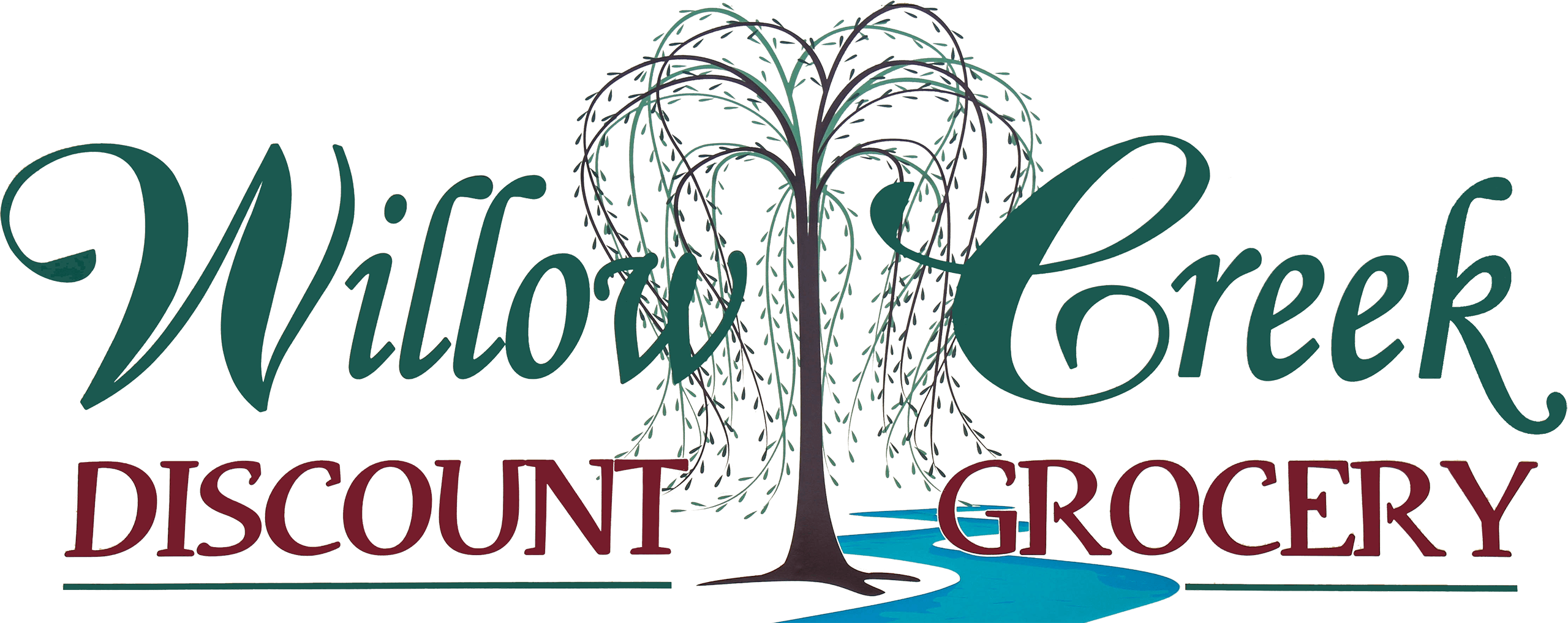 Logo for Willow Creek Discount Grocery featuring a stylized willow tree and a blue stream.