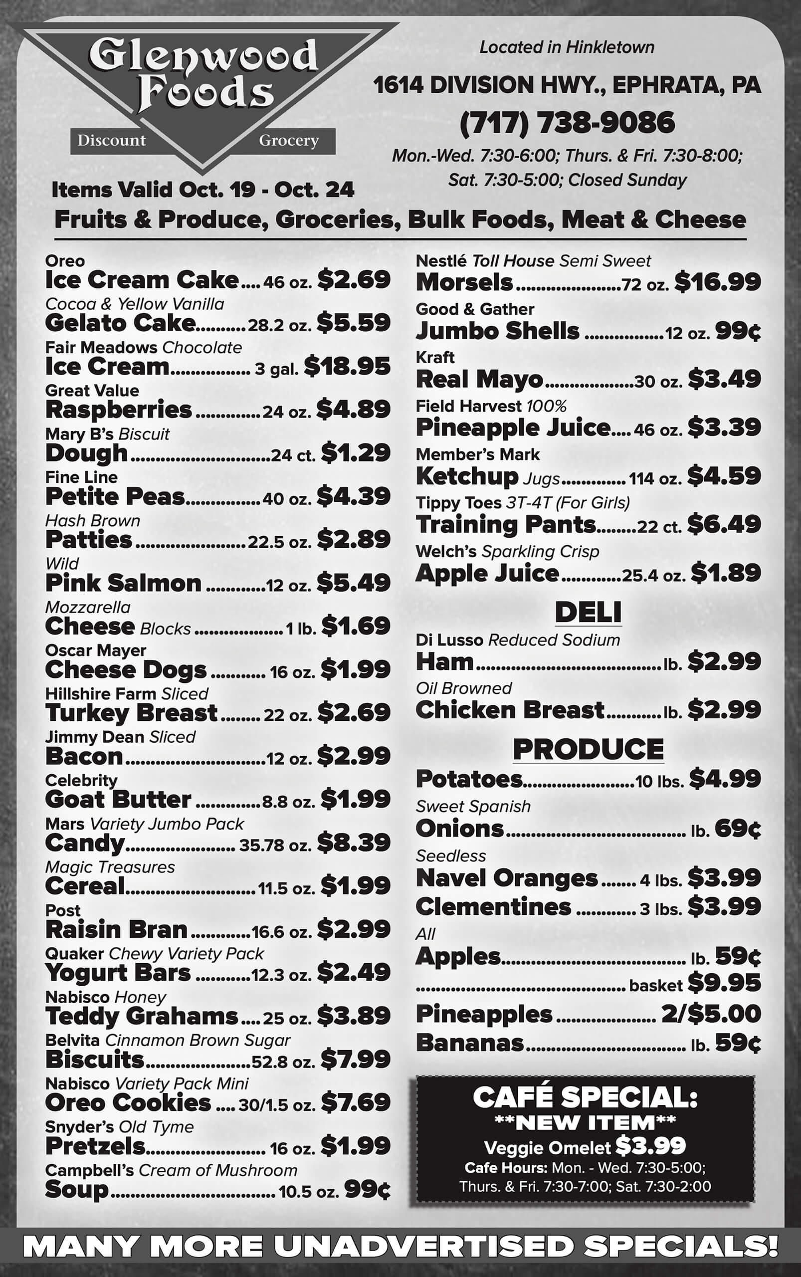 Glenwood Foods weekly grocery flyer for October 19–24, listing various food items and their prices, along with store address, hours, and café specials.