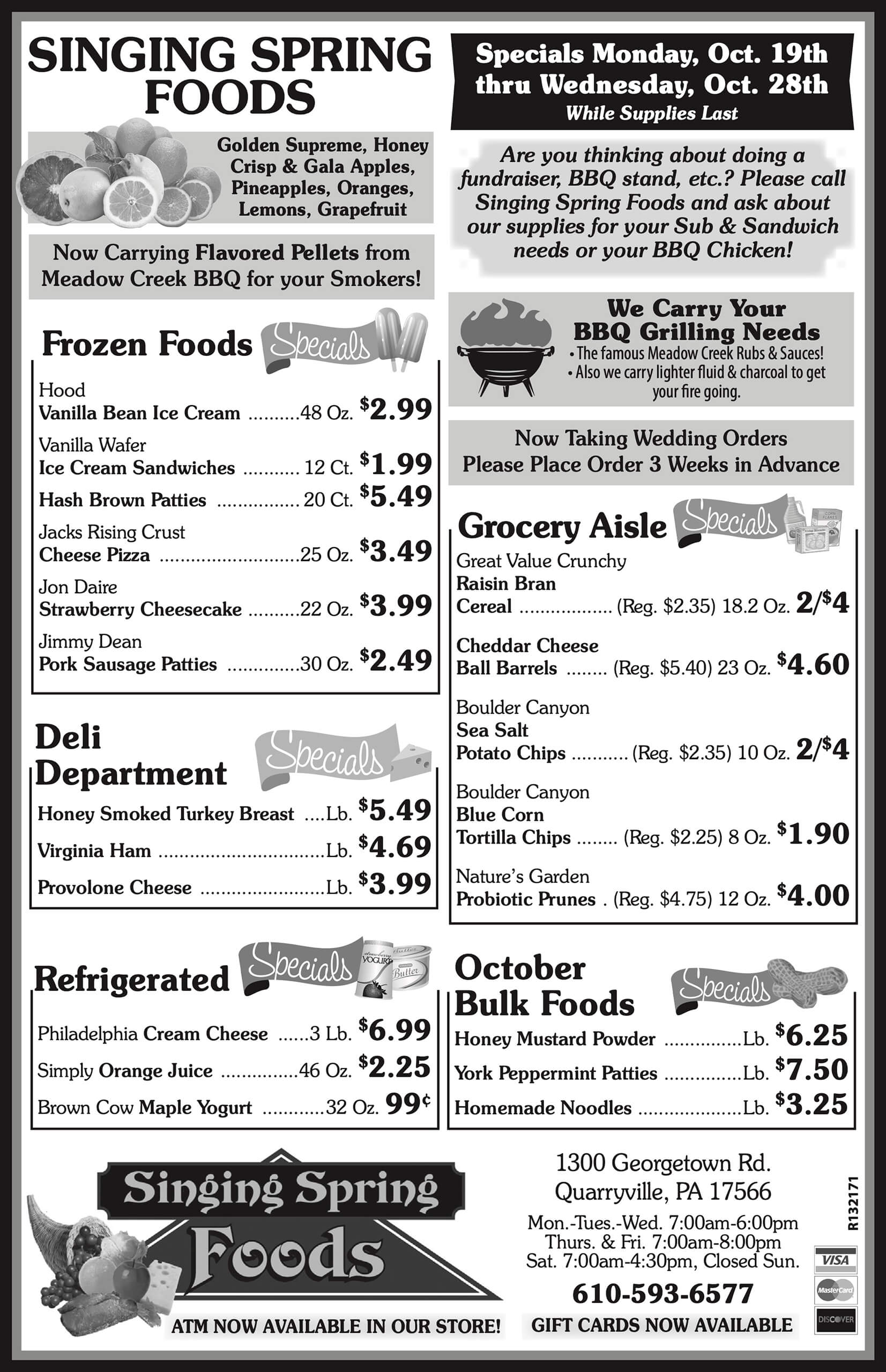 Singing Spring Foods grocery flyer for October 19th through 28th, listing weekly specials on frozen, deli, refrigerated, and bulk items, plus store address and hours.