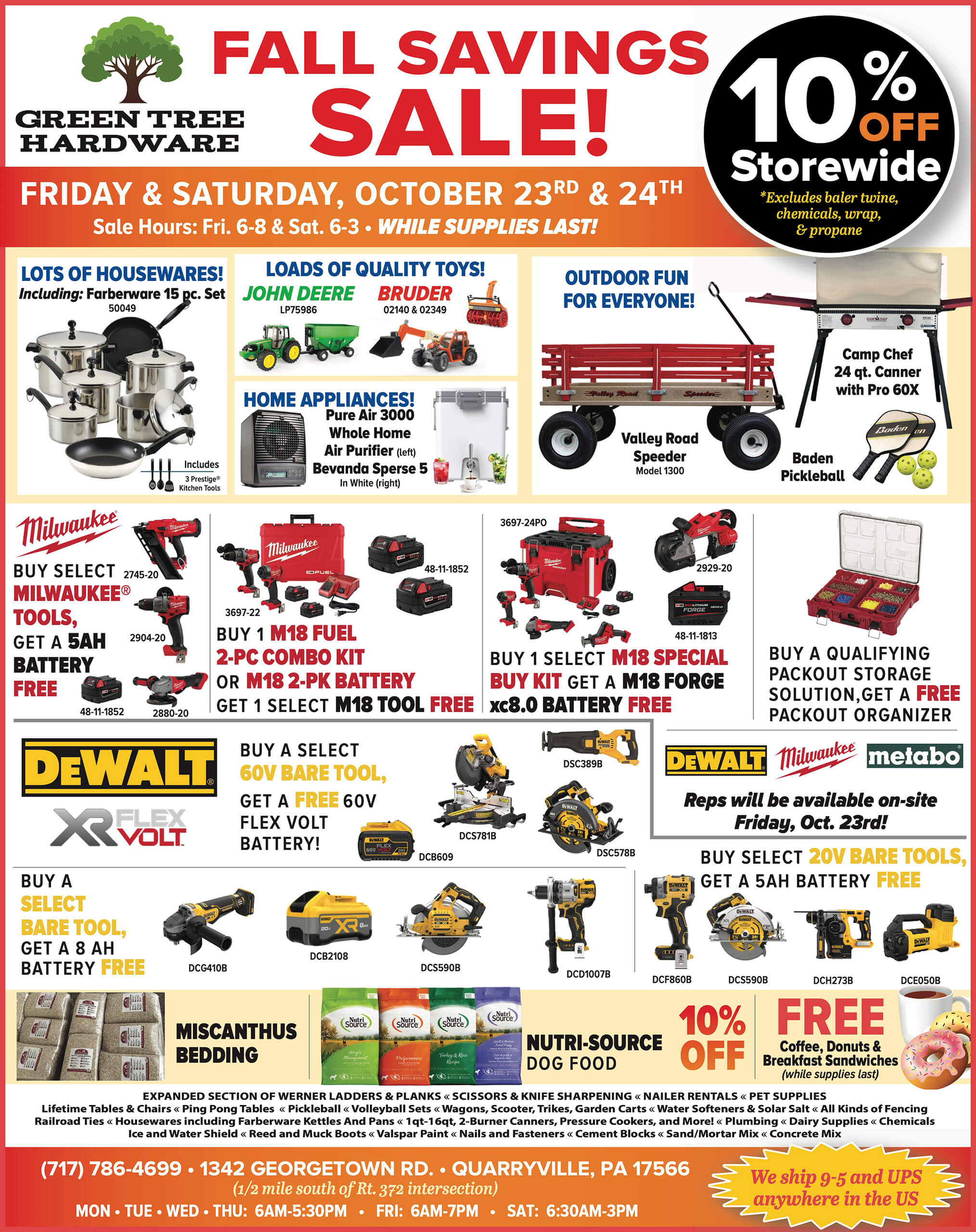 10.2.26 Green Tree Hardware Ad Flyer for Green Tree Hardware’s Fall Savings Sale with images of tools, outdoor equipment, and discounts, highlighting 10% off storewide on October 23rd and 24th. Store details are listed.