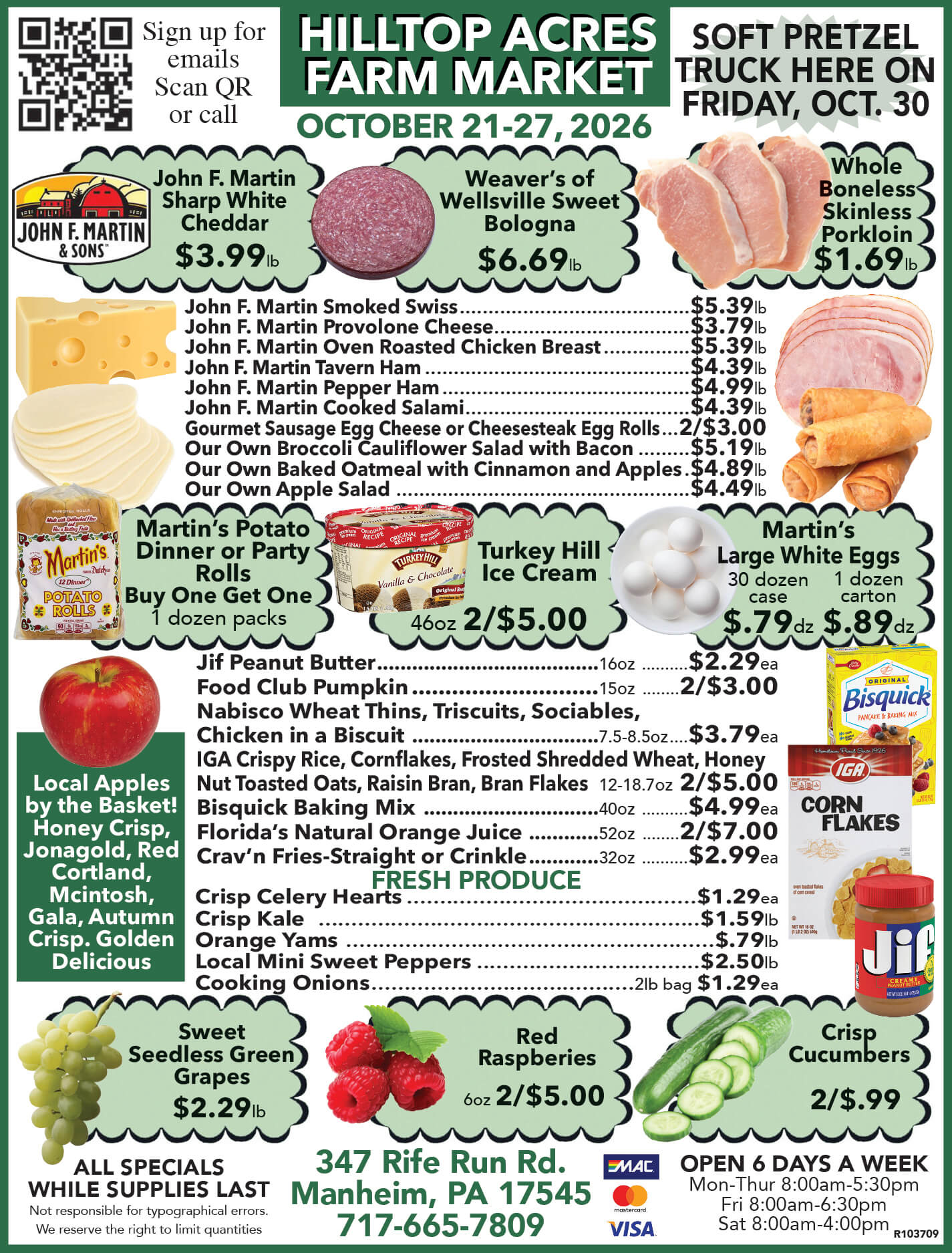 Hilltop Acres Farm Market flyer for October 21-27, 2026, listing grocery items, prices, market address, and hours.