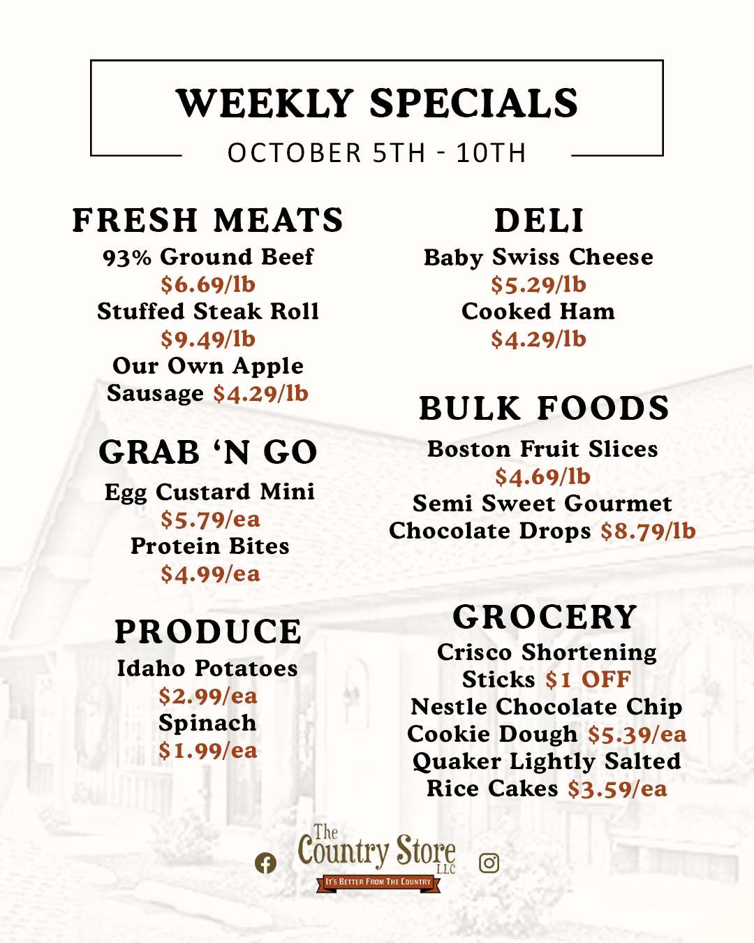 Weekly specials flyer for The Country Store from October 5th to 10th, listing prices for fresh meats, deli, bulk foods, grab ‘n go, produce, and grocery items.